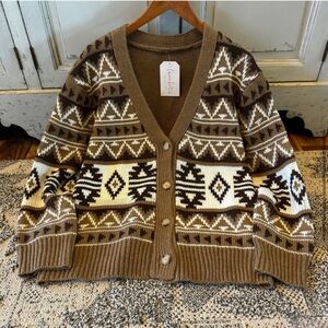 Gently used Western Geometric Aztec Brown Knit Cardigan Sweater V-Neck